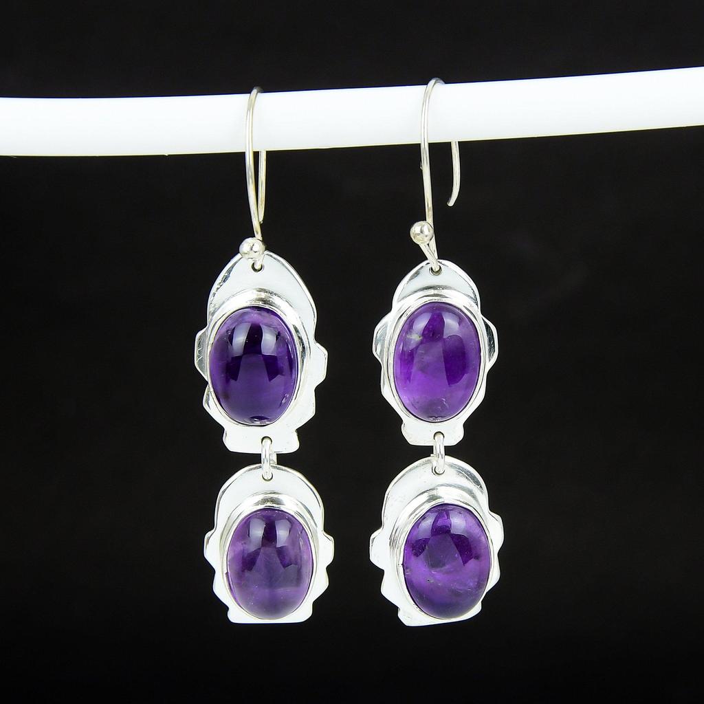 Natural Amethyst Gemstone Hook Earrings 925 Sterling Silver Earring, Handmade Boho Silver Jewelry Dangle Earrings, Party Wear Gifts