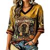 Women's V-Neck Short Sleeve Top, Vintage Halloween Pumpkin Candle Cobweb Print Make Old Casual Holiday T-Shirt