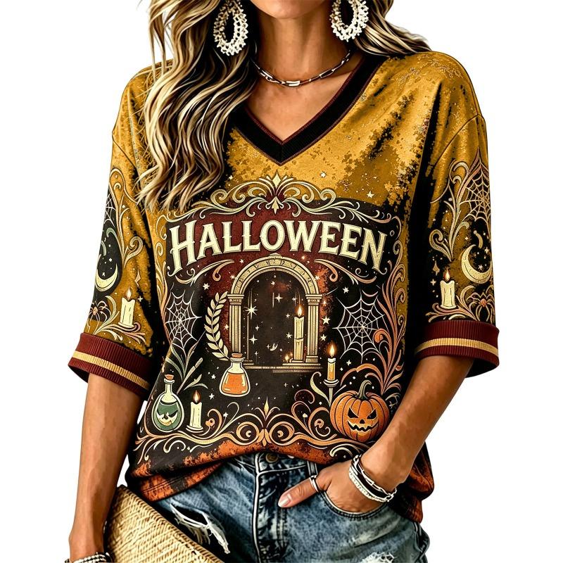 Women's V-Neck Short Sleeve Top, Vintage Halloween Pumpkin Candle Cobweb Print Make Old Casual Holiday T-Shirt