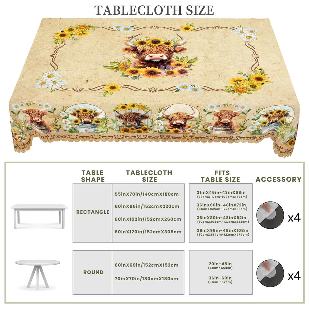 1 Piece of Summer Retro Farmhouse Pastoral Pattern Rectangular Tablecloth, Cow, Flower, Pattern Printed Round Tablecloth, Party Tablecloth, Home Table