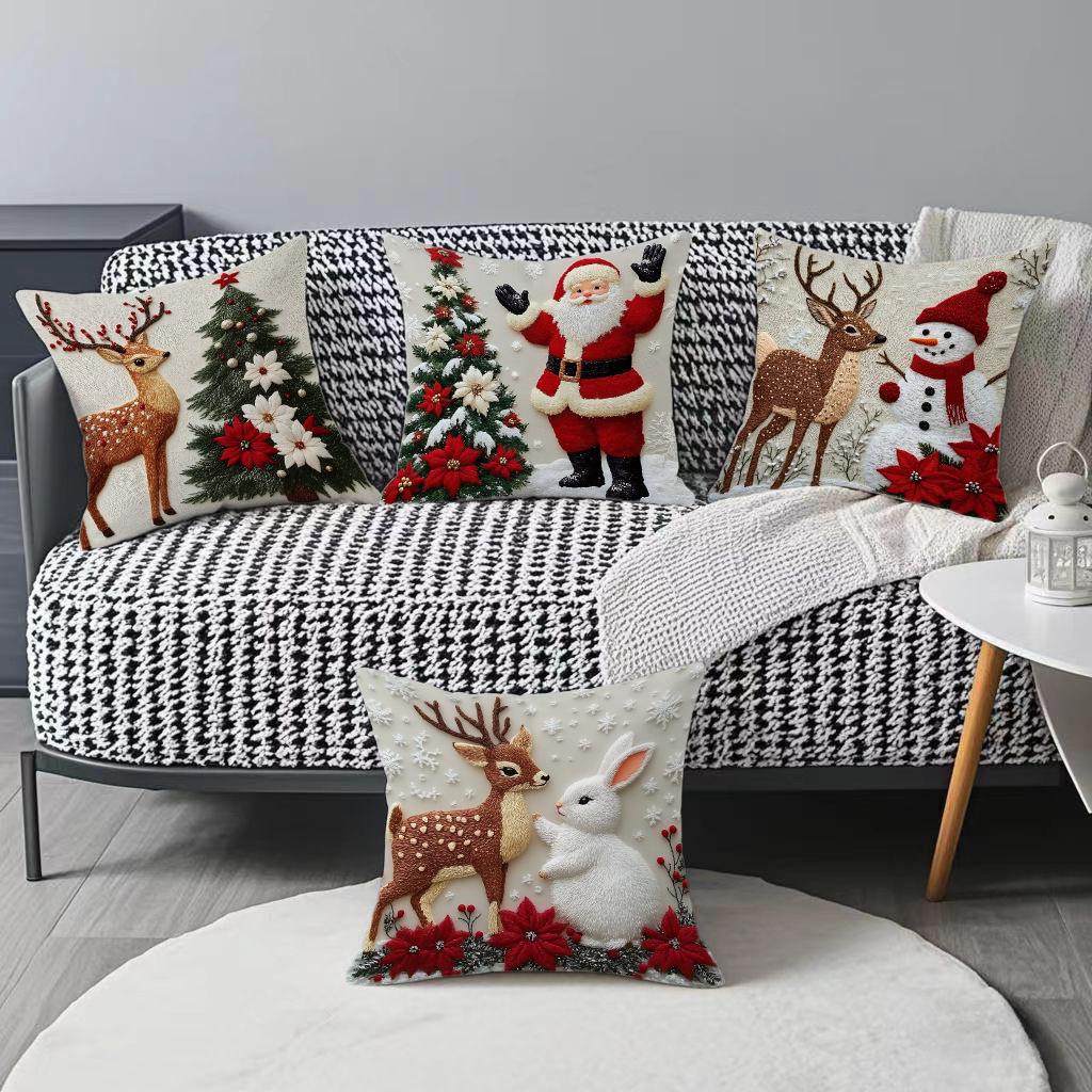 Christmas Reindeer and Santa Claus Pillowcase - Holiday Decoration Cushion Cover