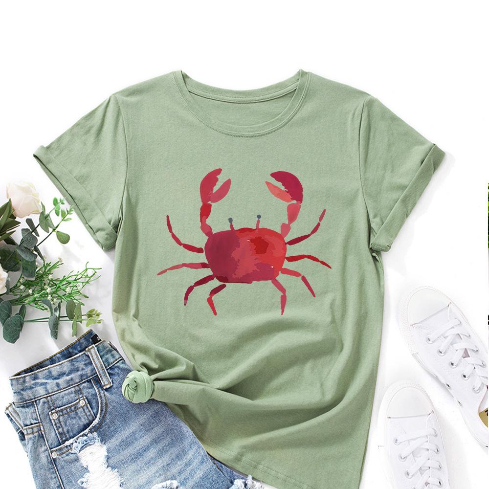 Fashion Women's Clothing Cute Crab Print Loose Crew Neck Short Sleeves T-Shirts Women’s