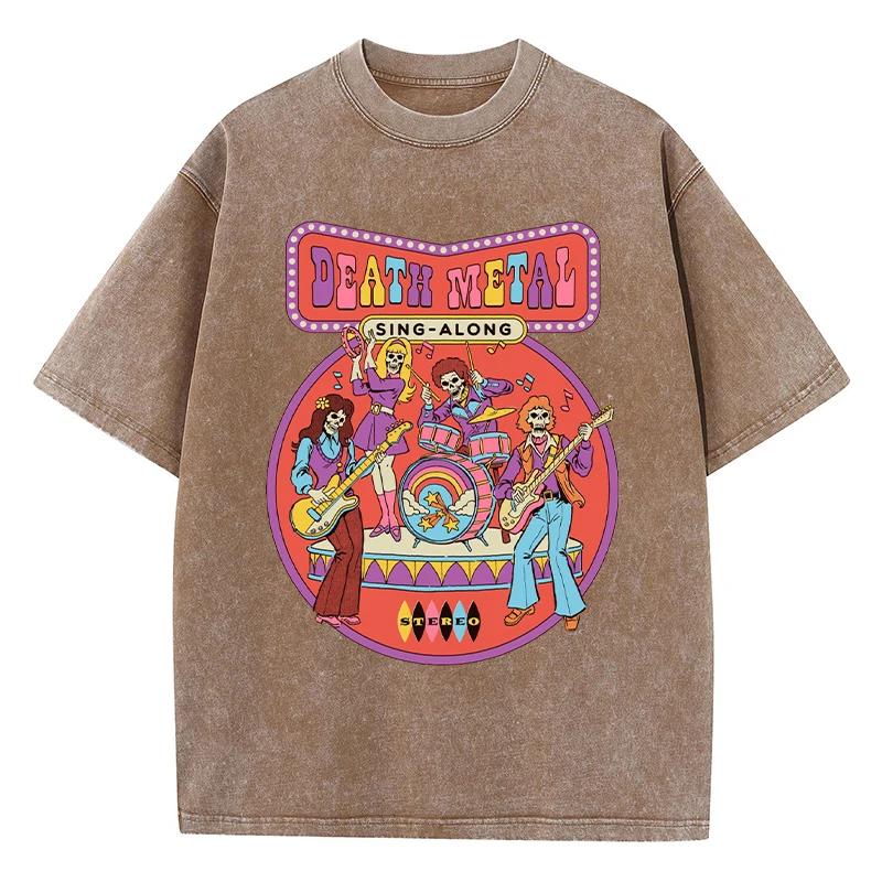 Death Metal Print Female Washed Tshirts Breathable Casual T-Shirts Cool Short Sleeve Soft Loose Distress T-Shirt Women
