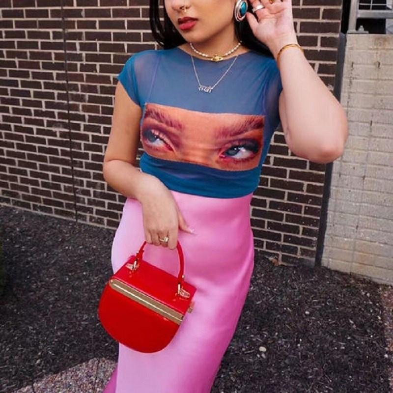 Summer Retro Aesthetics T-shirt Transparent Mesh Short Sexy Top Open Umbilical Gothic Funny Eye Picture T-shirt