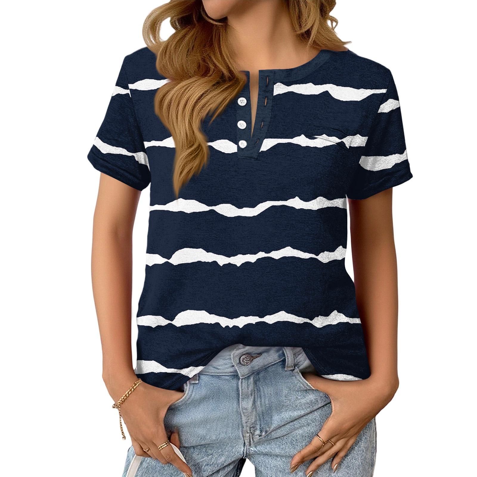 Women s Fashionable Casual Summer Striped V-neck Button Short-sleeved Top S