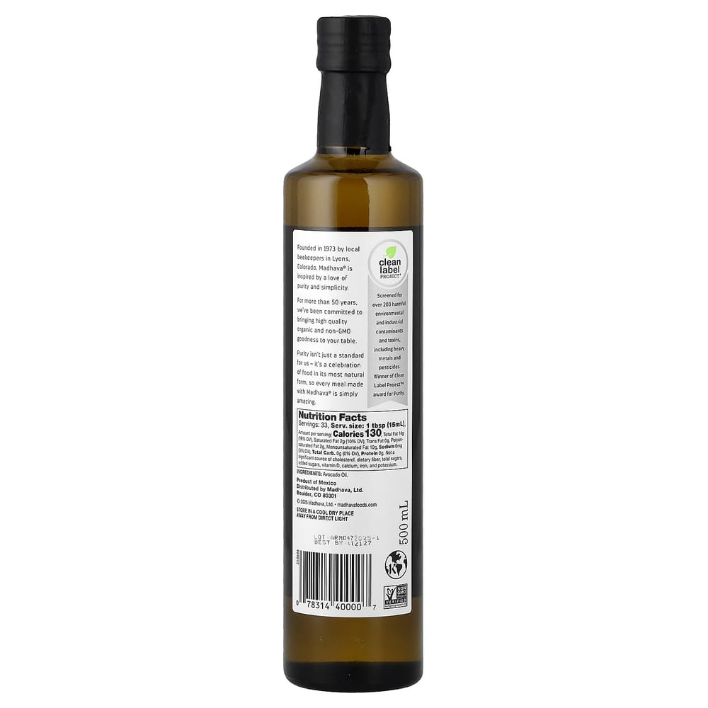 Madhava Natural Sweeteners Clean & Simple Avocado Oil 500ml (16.9 fl oz)