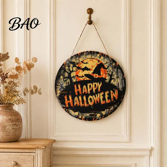 Retro Mysterious Forest Sign Halloween Witch Hanging Sign, 8" Round Wooden Door Autumn Witches Rustic Holiday for Home Front Porch Decoration Harvest