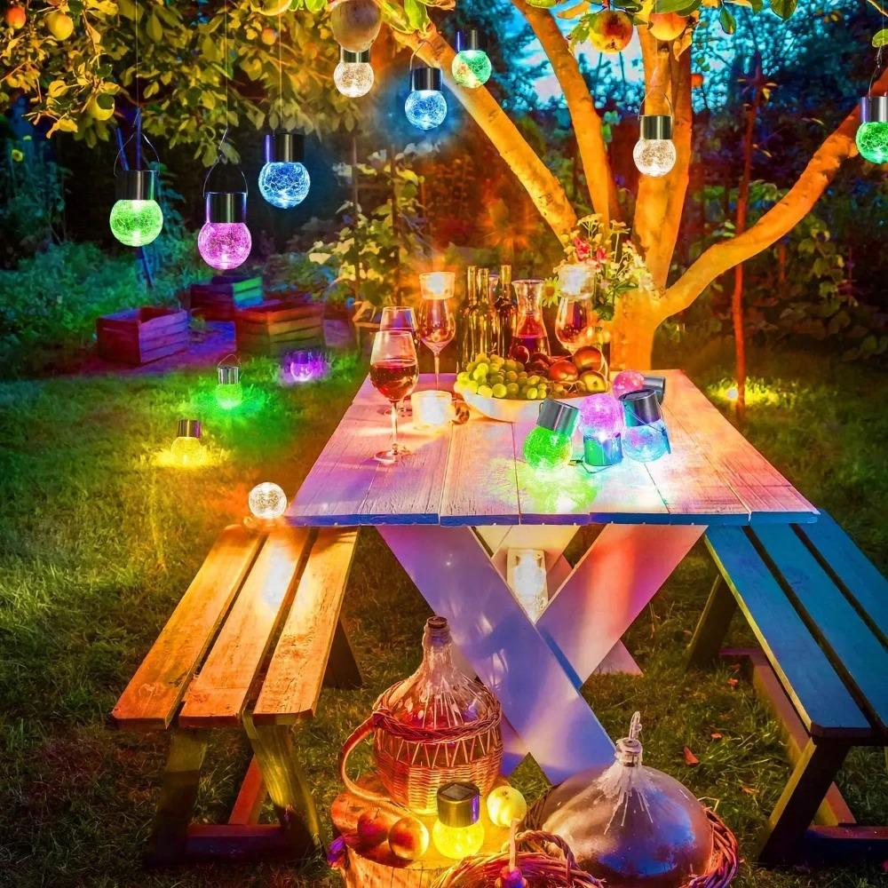 12Pcs Solar Powered Outdoor Hanging Lights Colorful LED Cracked Glass Ball Design Waterproof Pathway Lantern for Garden Decor