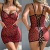 Fashion Sheer Cross-Tie Bodysuit Woman Sexy Lingerie Erotic Leopard Print Short Dress Lace Underwear Backbare Bodysuit Sexy Set