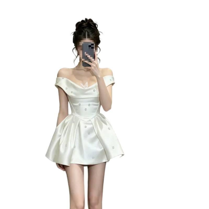 French Daughter One-word Shoulder Dress Women's Summer New Waist Display Design Small A-word Skirt