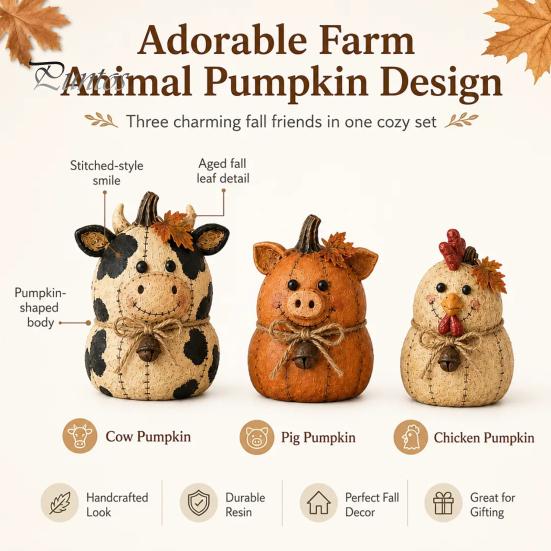 Thanksgiving Home Decor Ornaments Rustic Farmhouse Felt Animal Ornaments, Cute Cow/Pumpkin/Rooster Figurines, Decorative Handmade Animals Hand Painted