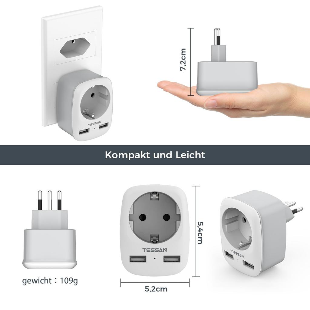 Tessan 3 In 1 Brazil Plug Adapter, 1 Compartment Adapter Brazil Socket, Type N Travel Adapter for South Africa, Grey