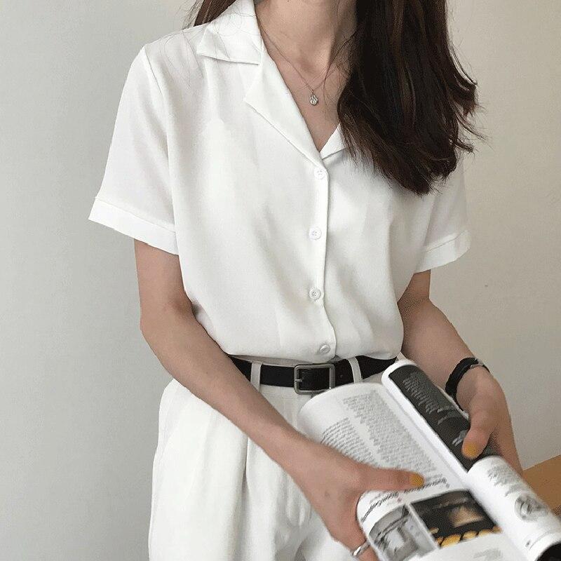 Camicetta da donna Camicetta alla moda a maniche corte con scollo a V, casual, da ufficio, camicie bianche, top in stile coreano giapponese