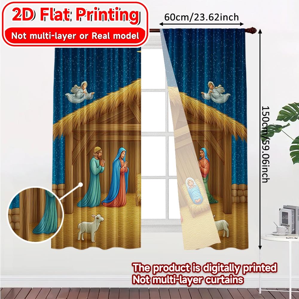 2D FLAT PRINTING 2pcs Curtains (Without Rod) Christmas Nativity Scene Holiday Easter Printed Curtains Machine Washable Fabric