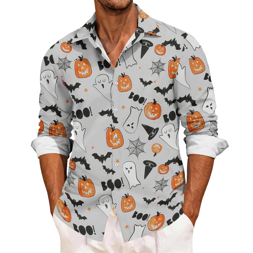 Men's Casual Long Sleeve Halloween Print Button Down Shirt Relaxed Fit Lightweight Breathable Fabric Comfortable Daily Wear