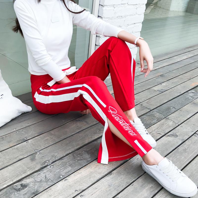 

Contrast color wide-leg pants women s spring and autumn loose straight casual pants high waist split-ended drape thin sports trousers S (suitable for 80-47.5kg)
