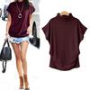 Plus Size Women Plain T-Shirt Short Batwing Sleeve Side Pleats Turtleneck Top