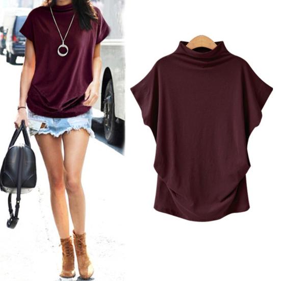 Plus Size Women Plain T-Shirt Short Batwing Sleeve Side Pleats Turtleneck Top