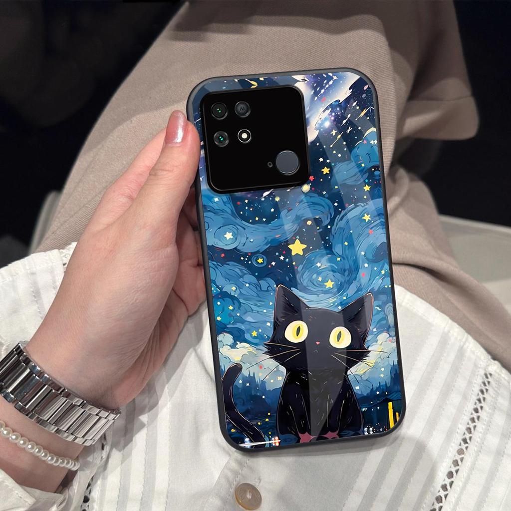 Case for Xiaomi POCO C40 Anime Black Cat Starry Cloud Print Phone Cover Acrylic Hard Back Shell With Flexible TPU Edge