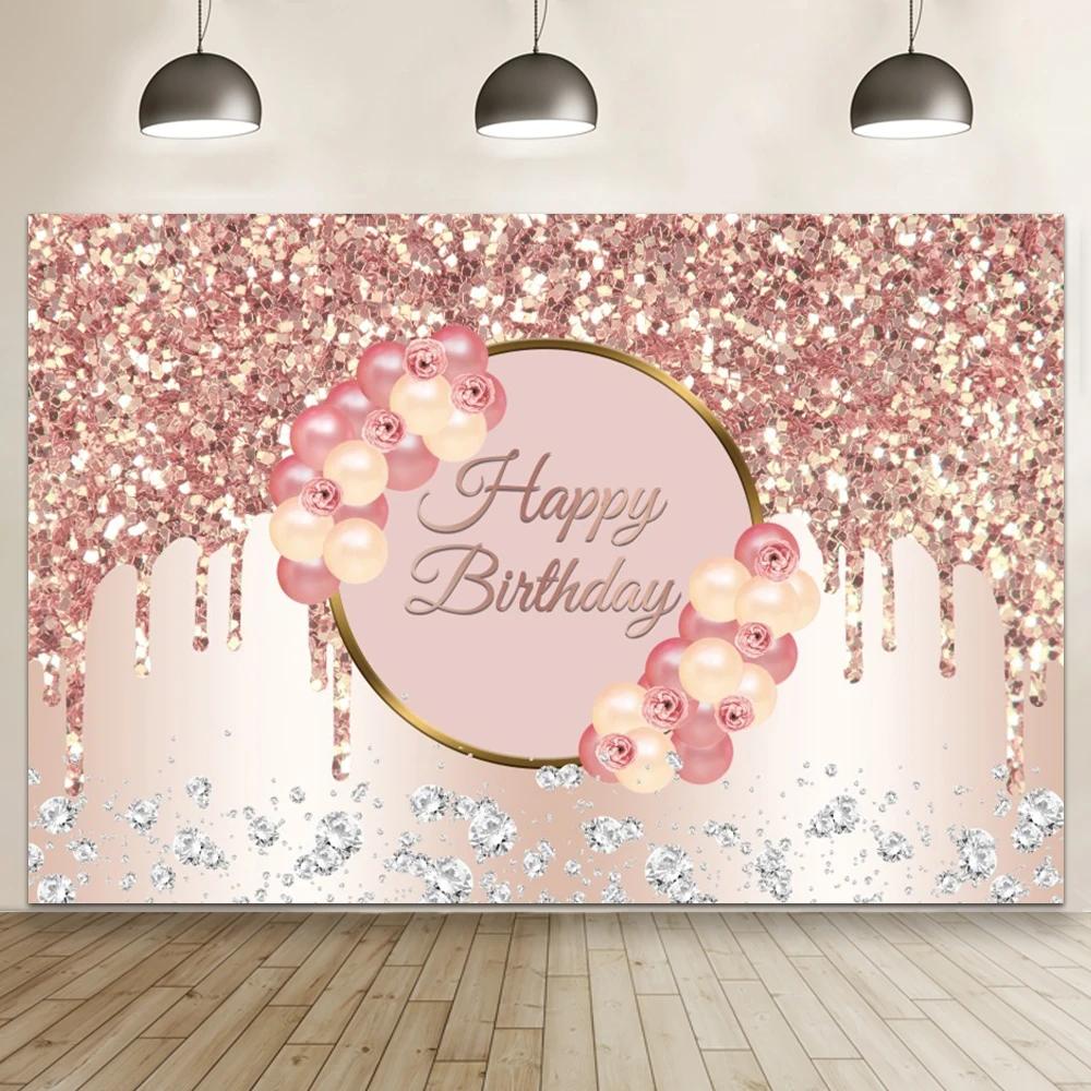 Happy Birthday Banner Backdrop Shiny Diamonds 18th Birthday Decoration Canvas 30th Party Photography Background