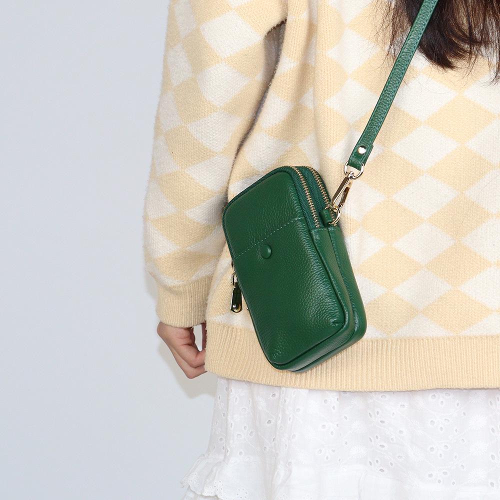 2025 Women's Genuine Leather Phone Bag: Korean Style, Double Zipper, Vertical Shoulder Square Bag