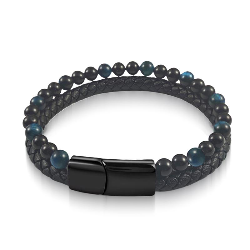 

Luxury Blue Tiger s-eye Leather Beads Bracelet for Men Charm Stainless Steel Magnetic Clasp Bangle Gift for Dad Friend Jewelry 20.5cm синий