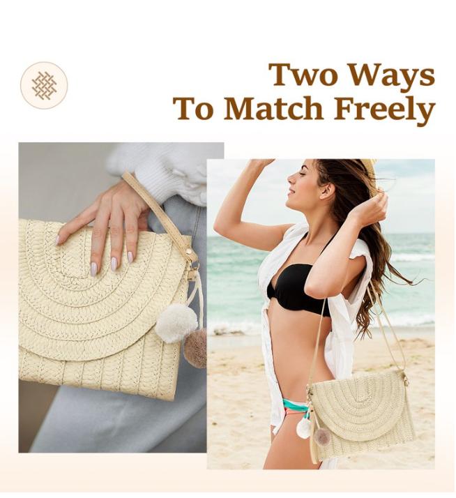 Straw Shoulder Bag Handmade Woven Straw Purse Portable Rattan Bag Straw Clutches for Women Travels