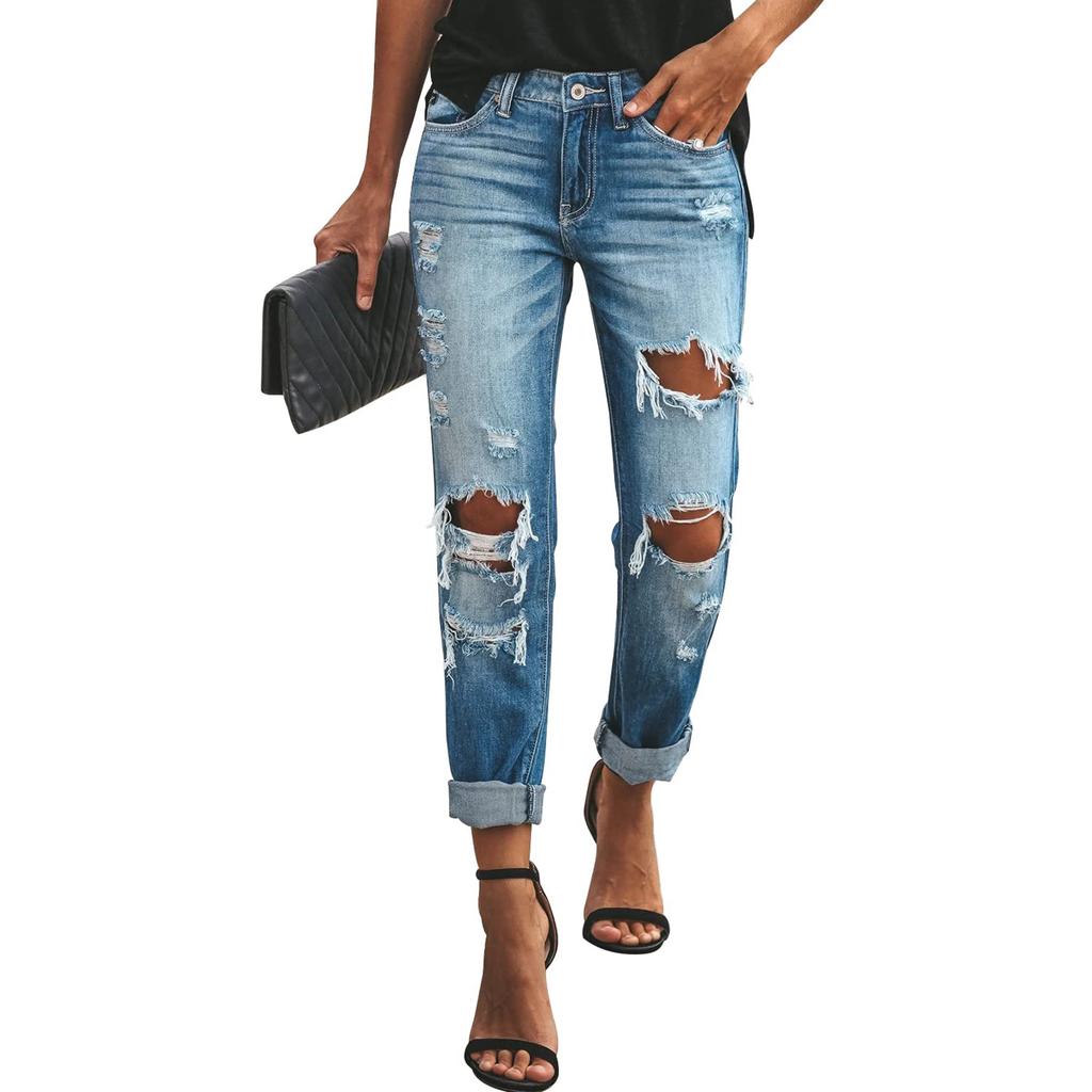 Ladies' Solid Color Loose Casual Ripped Casual Jeans