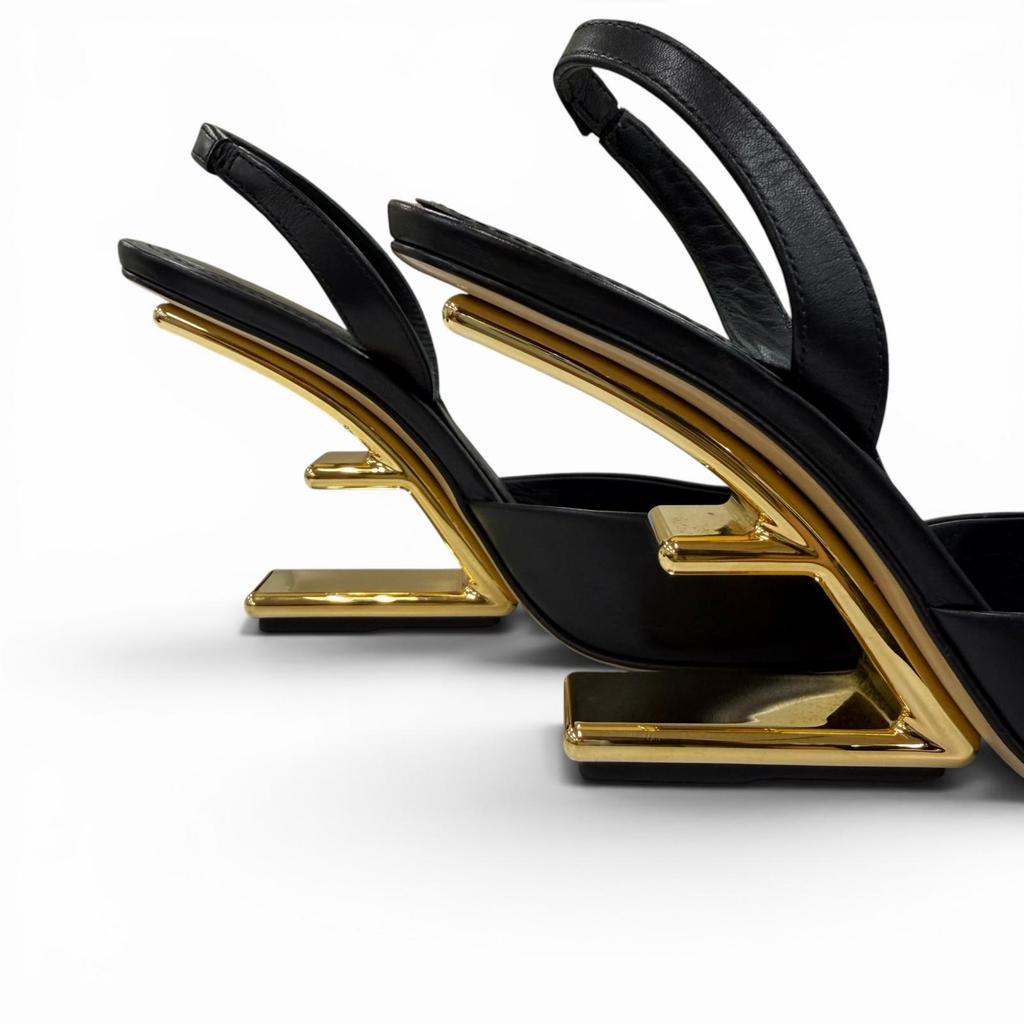 Great FENDI Pumps FIRST F-design Heel Slingback Leather Shoes Black Women 36 Used