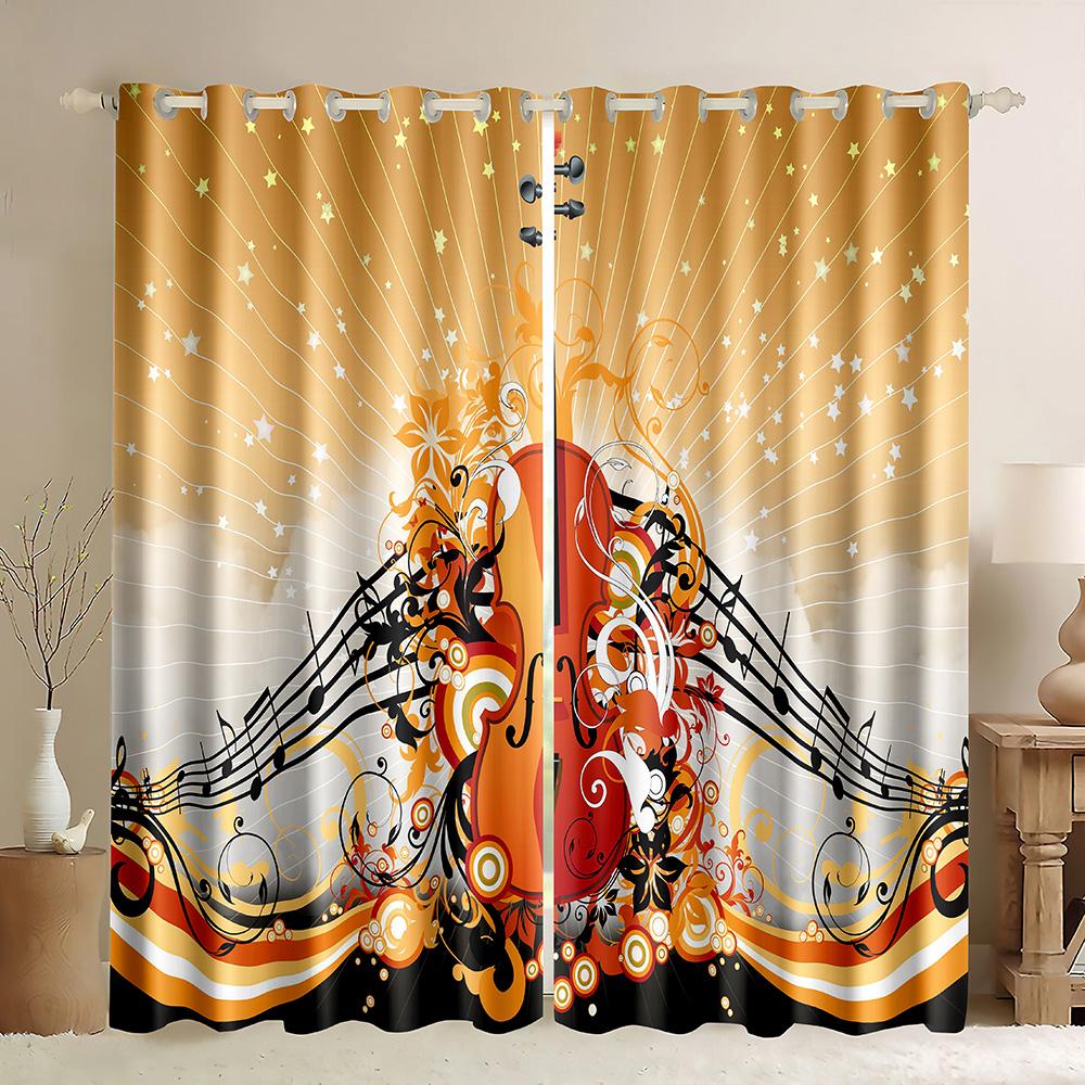 Cheap Custom Rock Music Guitar Thin Window Curtain Retro Musical Note Printed Curtains for Bedroom Kitchen Home Decor 2 Panels