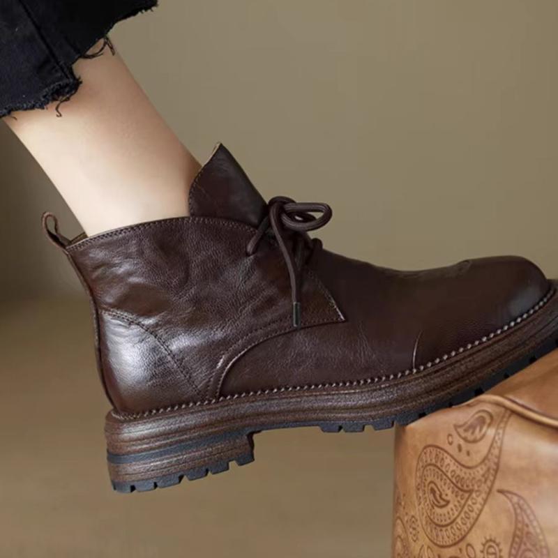 Novas Botas Femininas Outono Inverno 2025 Genuínas Casuais Sapatos Femininos Bico Redondo Salto Grosso Cadarço Botas de Tornozelo de Montaria