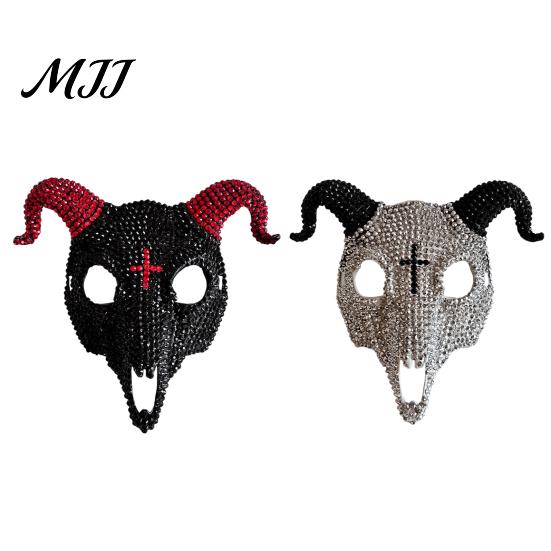 Full Face Rhinestone Mask Halloween Mask, Black White Skull Ram Horn Sparkling Masquerade Sparkly Crystal Glitter Party for Adults