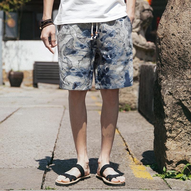 Summer Ethnic Style Linen Shorts Men's Plus Size Plus Size Five-point Beach Pants Loose Floral Pants Trendy Men