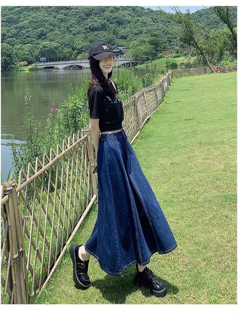 2025 Retro Elastic Waist A-line Denim Skirt - Slimming Mid-Length Design