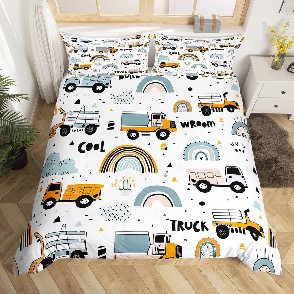 Colorful Cartoon Car Duvet Cover Set Twin King Train Truck Police Car Print Quilt Cover Cartoon Vehicle Bedding Set For Boy Teen