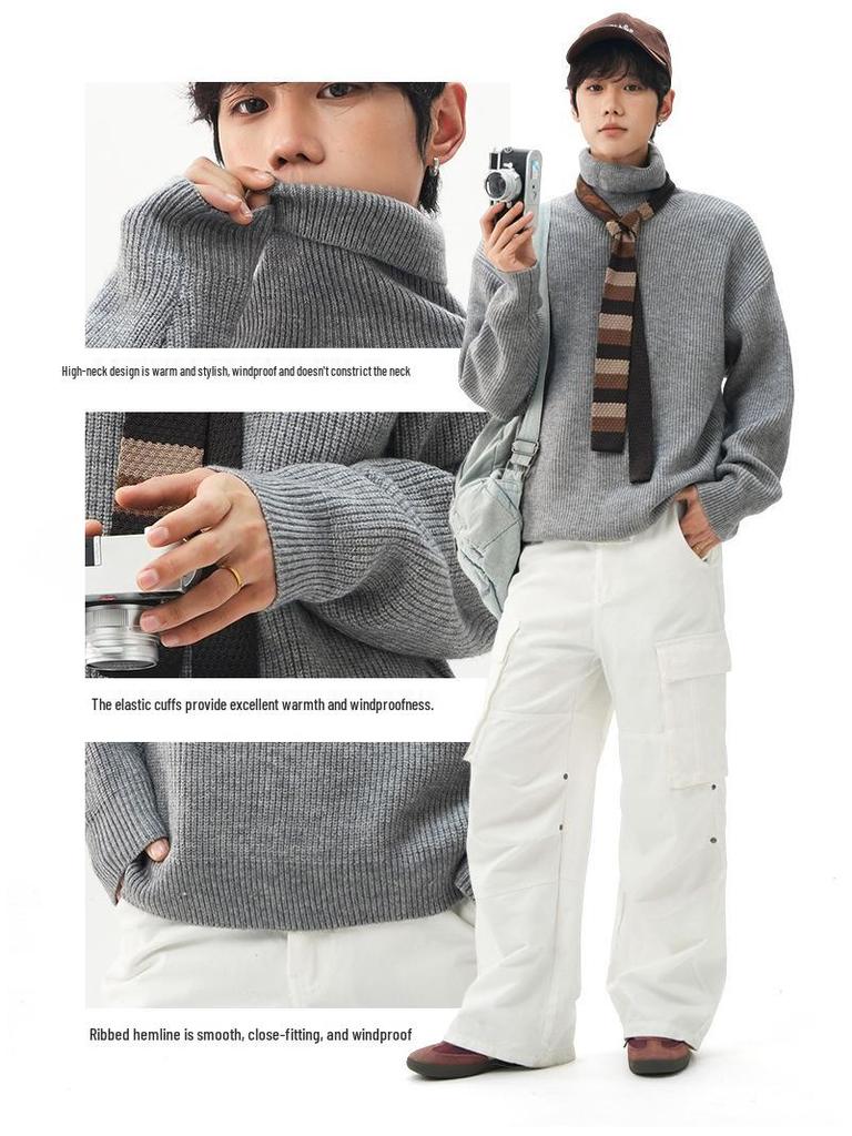 Retro Chunky Knit High Neck Sweater - Cozy Autumn/Winter Loose Fit