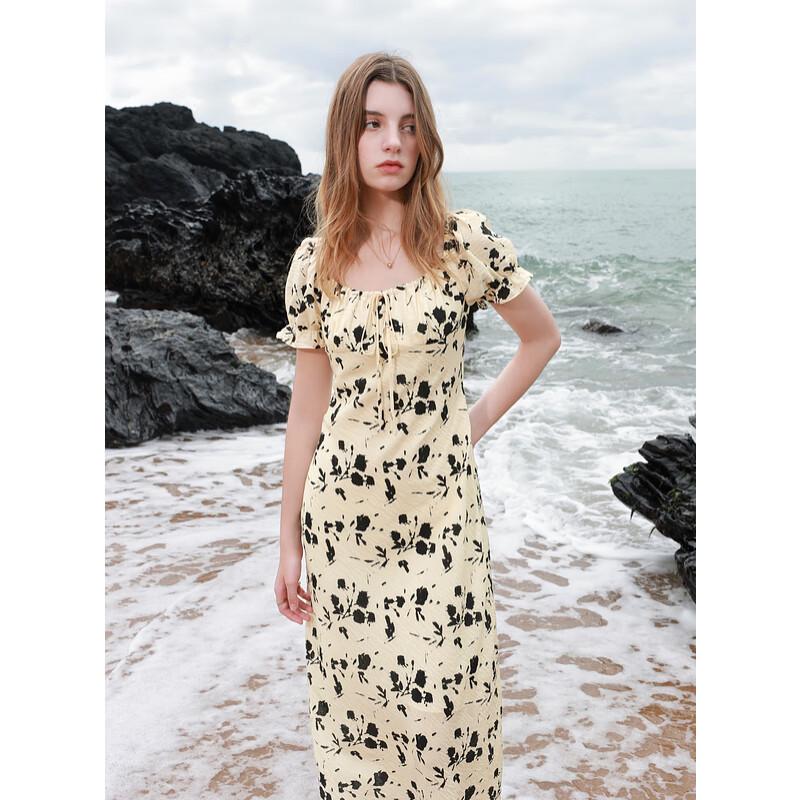 Sancai 2025 Summer Ink Wash Print A-Line Square Neck Maxi Dress