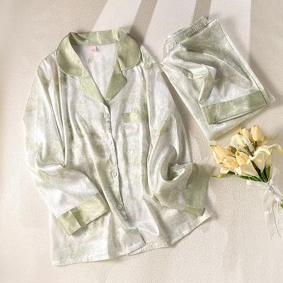 Xiaohongshu Recommends Ice Silk Pajamas for Women's Summer Long-sleeved Trousers, Fresh Ink Printing Thin Loungewear Two-piece Set