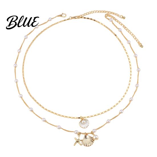 Shell Necklace Women Double-layered Starfish Charm Faux Pearl Decor Adjustable