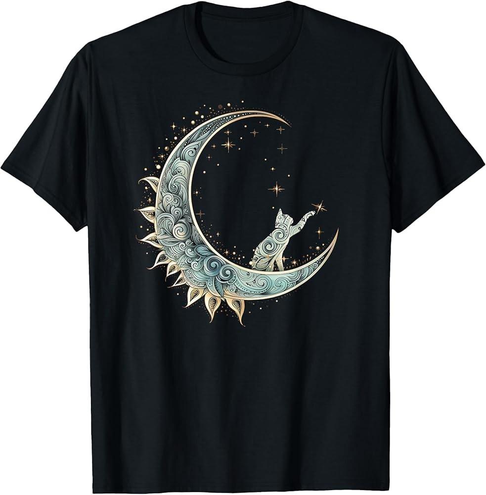 Mystical Aesthetic Cat Sitting on Crescent Moon Lunar Cat T-Shirt Unisex T-Shirt XXL