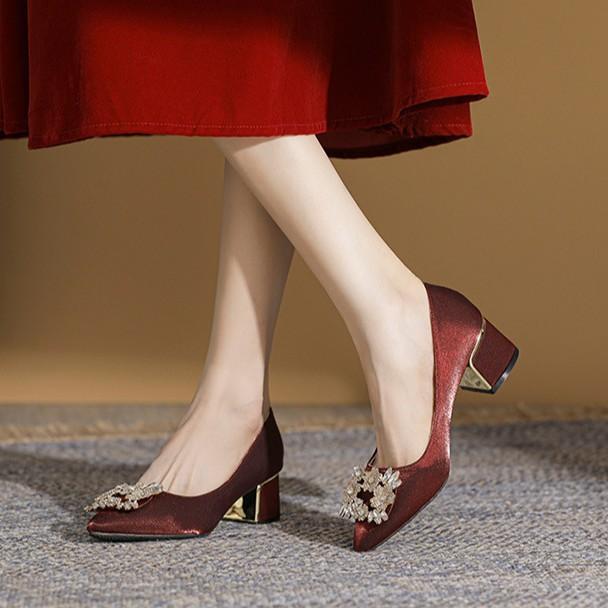 Fashion Rhinestone Buckle Wedding Shoes Women's 2024 Autumn New British Style Pointed Thick Heel High Heels Shallow Single Shoes Women's Shoes