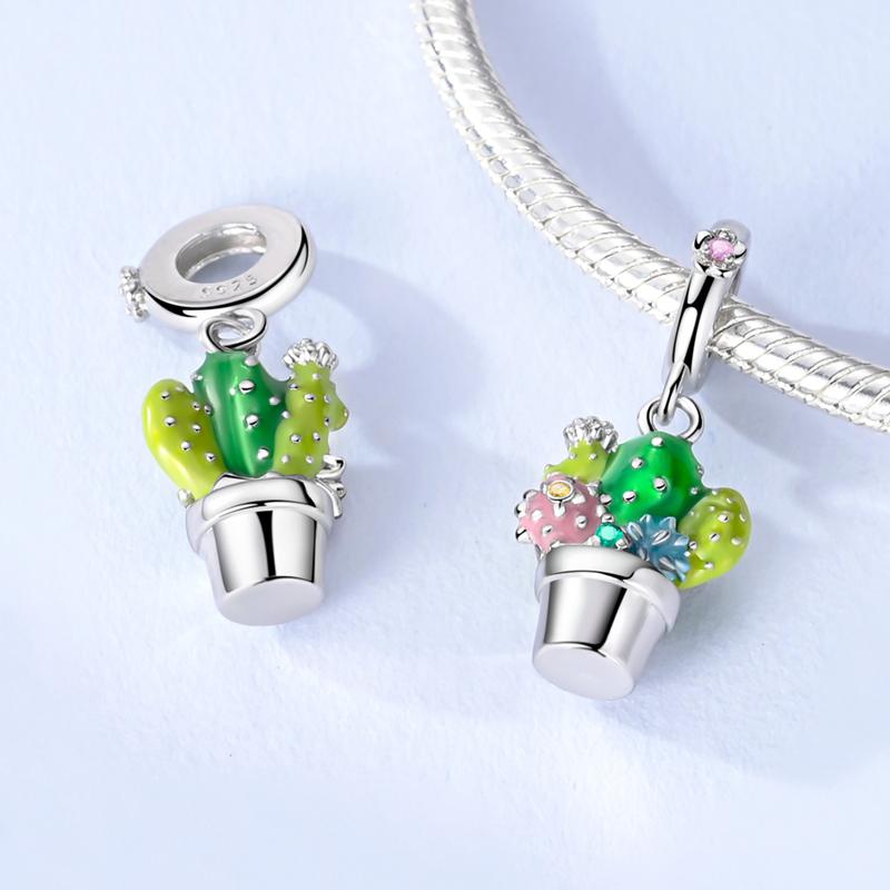 Authentic Green Zircon Cactus Flower Bead Charms Compatible With Bracelets Ladys Gift Jewellery copper Diy Accessories Bag Charm