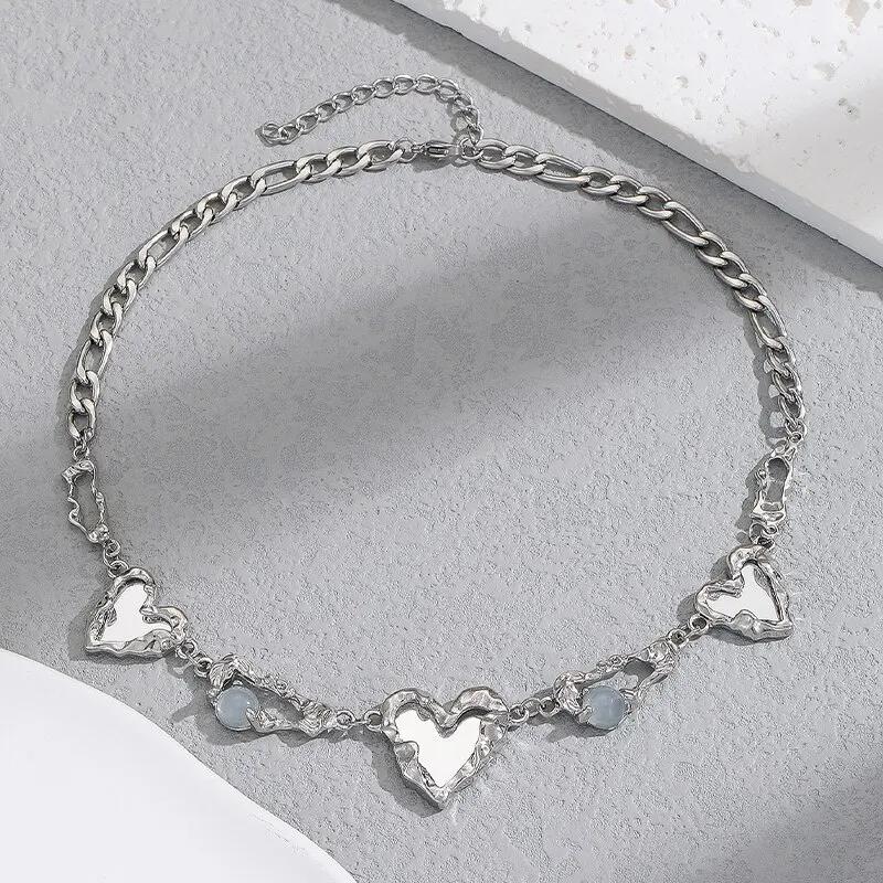 Punk Irregular Heart Choker Necklace for Women Silver Cat Eye Stone Pendant Chain Necklaces