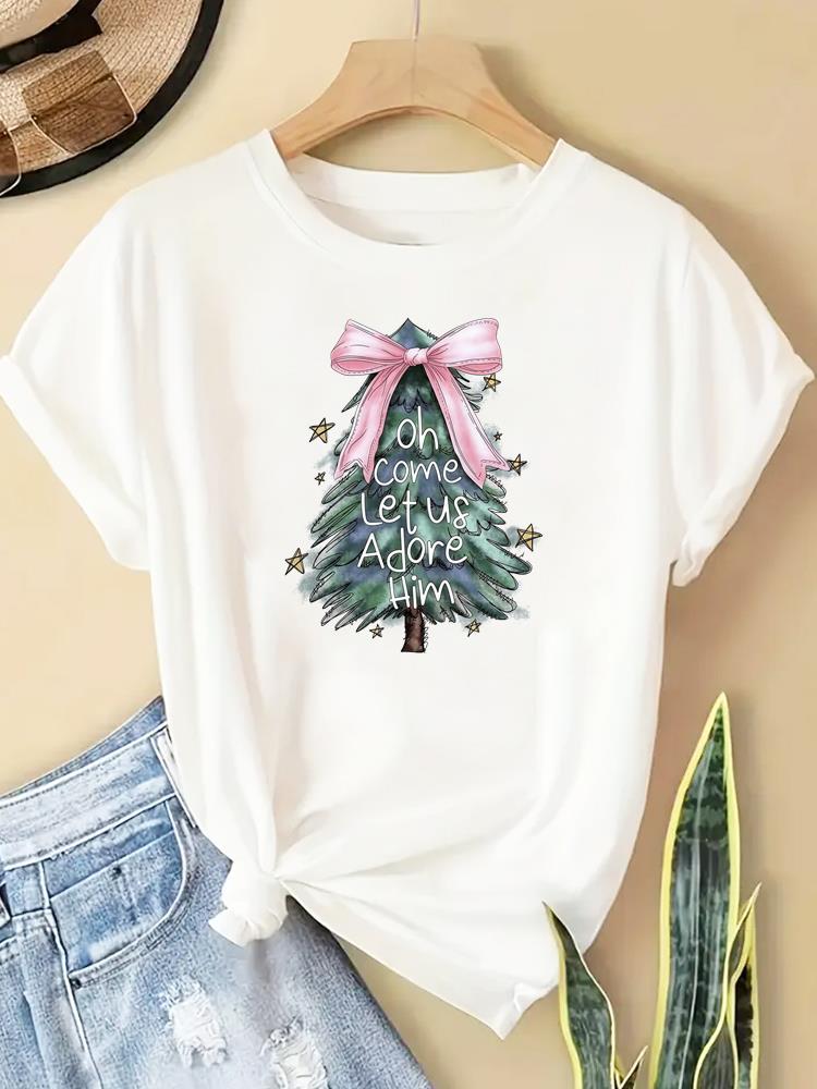 (Asian Size) watercolor letter new year T Clothing Short Sleeve T-shirts  Print merry Christmas o-neck Women's Top Fashion holiday Graphic Tee
