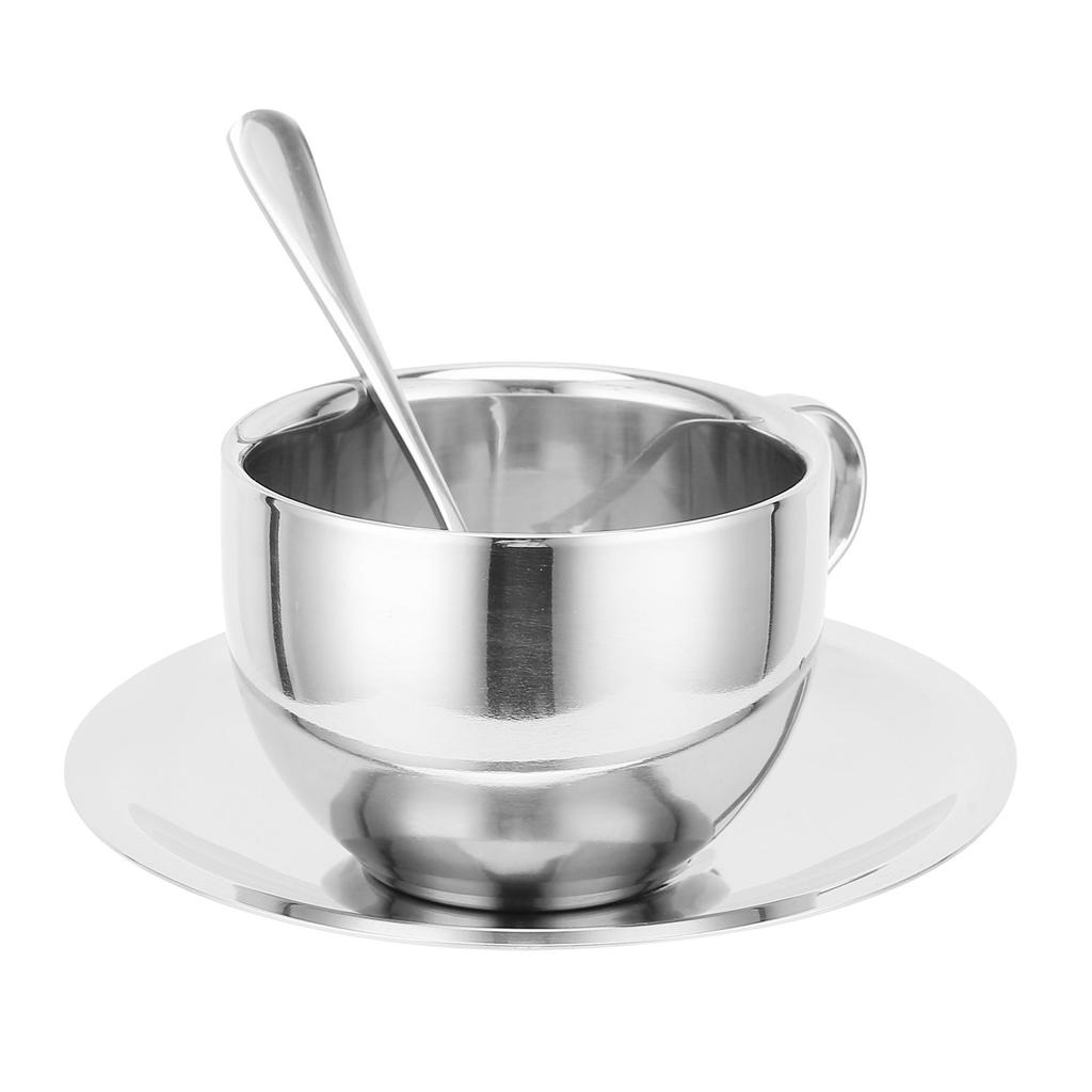 Kaffeetasse Edelstahl Doppelschicht Isolierung Milchbecher mit Löffel Untertasse Haushalt(Silber 180ML)