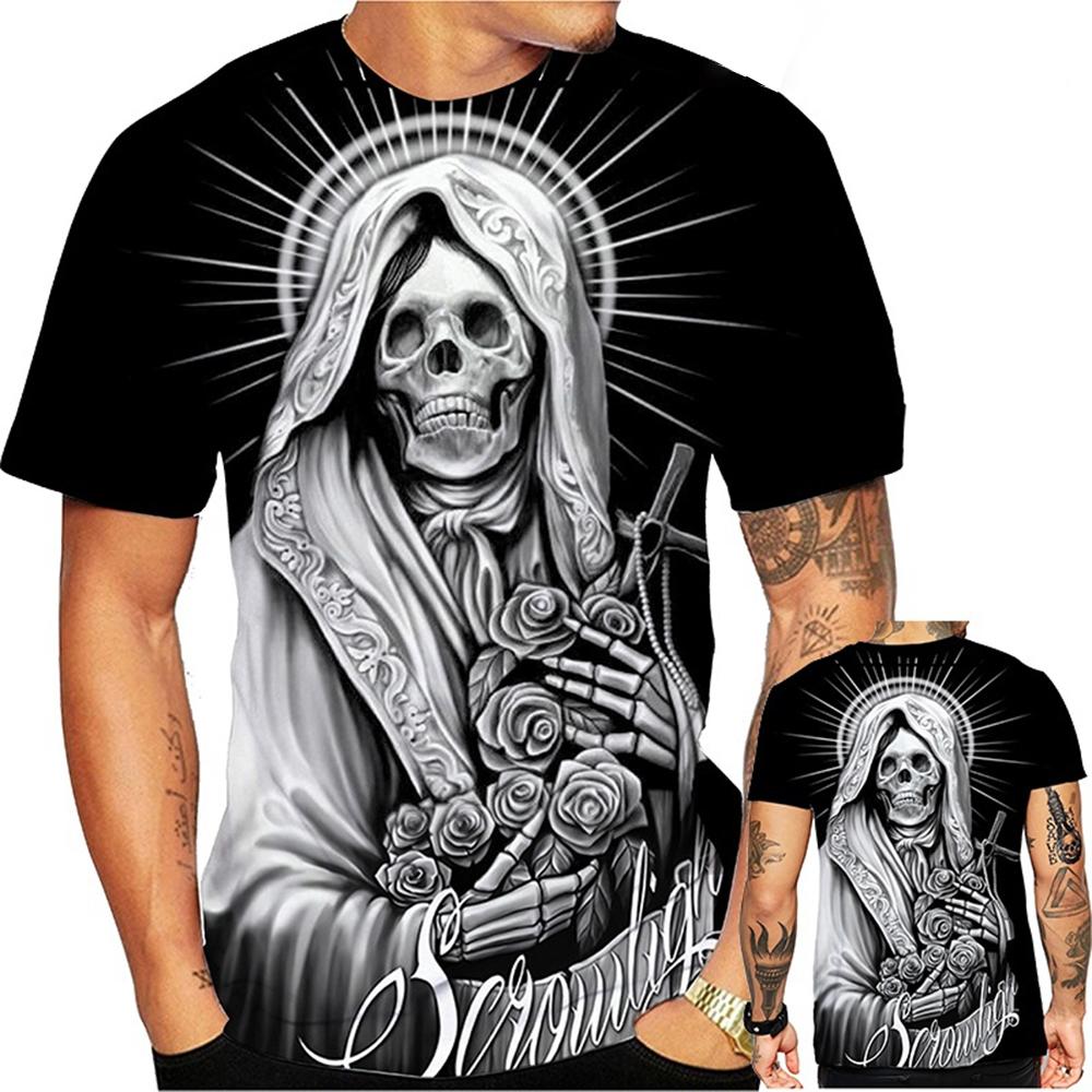 Tendenza moda estiva, T-shirt divertente e creativa, fantastico motivo stampato in 3D con teschio, T-shirt casual e comoda