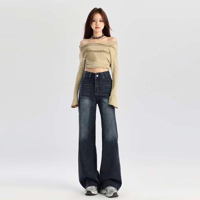 

Women s Blue-Gray Wide-Leg Jeans - Spring/Summer 2026: Petite High-Waisted, Loose, Slimming, Straight-Fit Floor-Length Pants 2X-Large сине серый