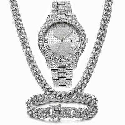 Set di Collana Hip Hop + Orologio + Braccialetto Purco Catena Cubana 12mm Iced Out