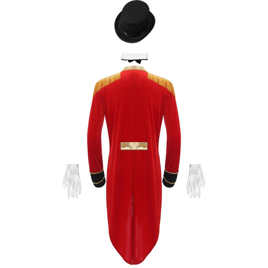 Mens Circus Ringmaster Costume Set Long Sleeve Lapel Fringed Shoulder Tailcoat Jacket Hat Collar Gloves Carnival Cosplay