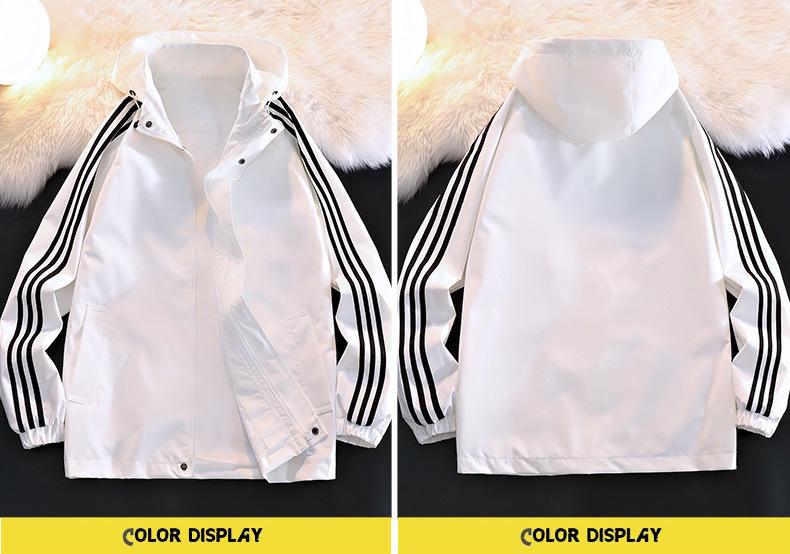 Men's Three-Stripe Hooded Windbreaker Jacket - Trendy High Street Casual Fashion for Spring and Autumn.